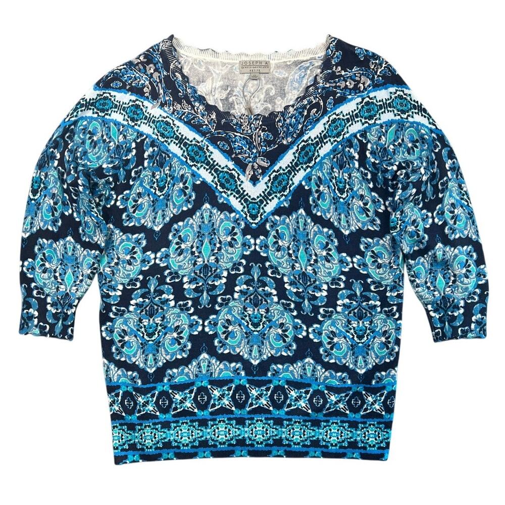NWT Joseph A Petite Blue Paisley Print Knit Top 3/4 Sleeve - LP